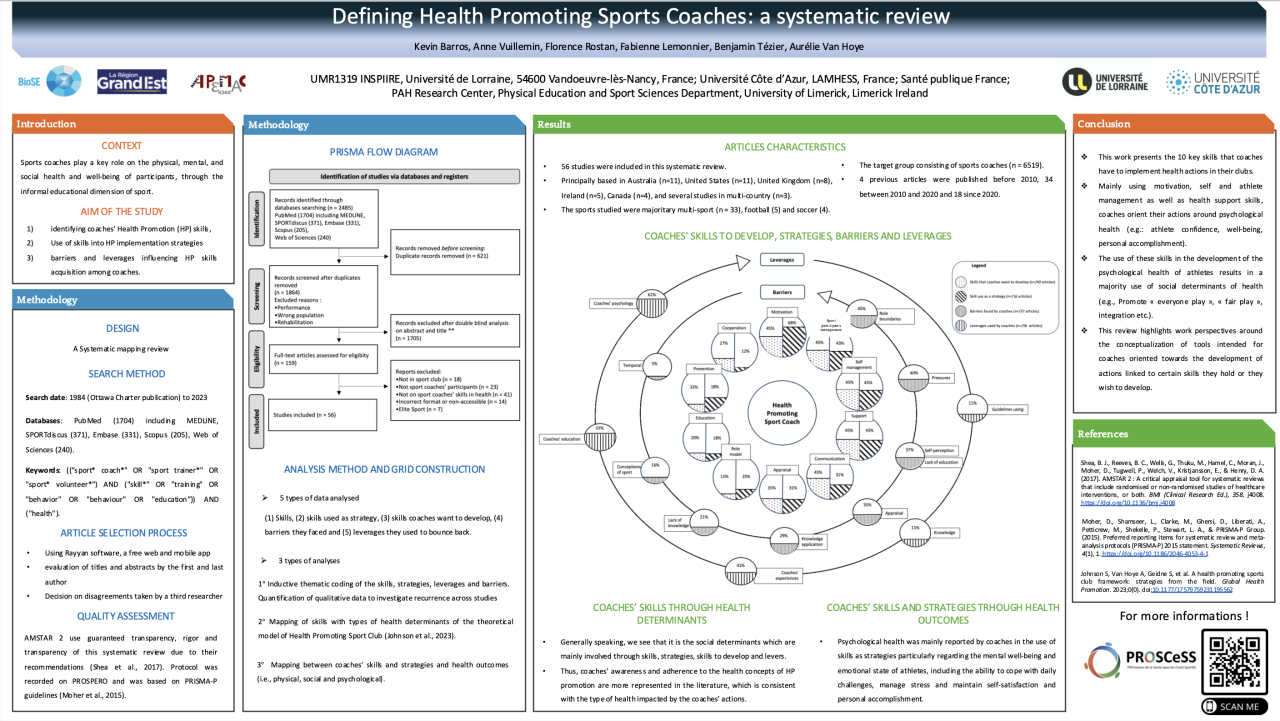 Poster sur une revue systématique portant sur la définition des entraîneurs sportifs promoteurs de santé, présenté lors de la Conférence internationale de recherche en sciences du sport : une initiative franco-suédoise (2024)